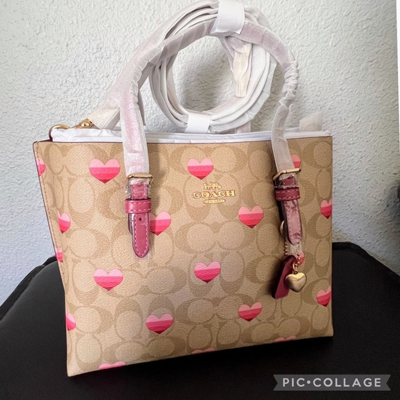 NWT COACH MOLLIE TOTE 25 IN SIGNATURE CANVAS STRIPE HEART PRINT GOLD/LIGHT KHAKI - Picture 11 of 12